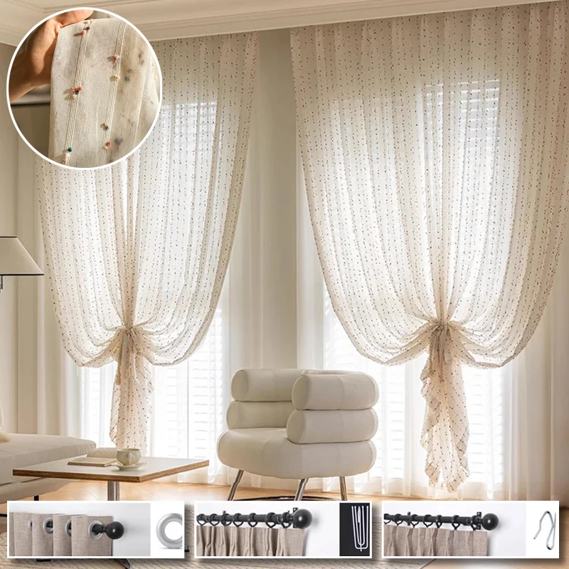 

1PC Vintage Rainbow Sugar Bean Linen Tulle Curtains Top Hook Living Room Decoration Cartoon Embroidery Bedroom Balcony Drapes