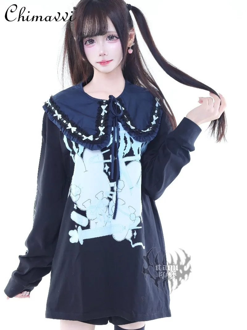 

Оригинальная хлопковая футболка с длинными рукавами и принтом в японском стиле, осень 2023, новинка массового производства, милый свободный женский топ Y2K с героями мультфильмов