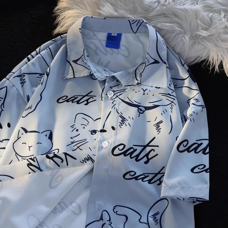 DAYIFUN Girls' Cat Printing Shirt Summer Japanese Loose Preppy Style Short Sleeve Tops Turn Down Collar Casual Versatile Blusas