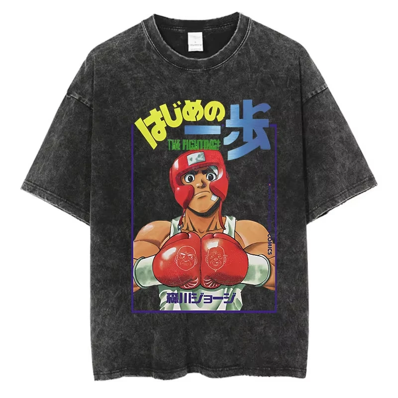 

Summer Vintage Men Washed T Shirt Anime Hajime No Ippo Kamogawa Boxing Gym Streetwear Harajuku Hip Hop Cotton Loose Top Tee Y2k