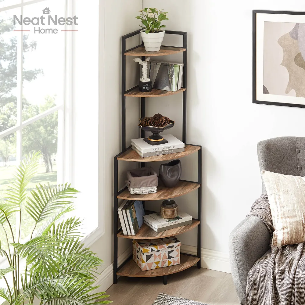 

6-Tier Corner Open Shelf Modern Bookcase,Sturdy Stand Small Bookshelf Space-Saving for Home Office Small Space Rustic, Brown