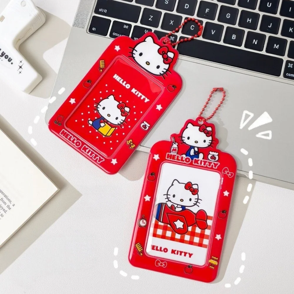 Cute Hello Kitty Photocard Holder Red Acrylic ID Badge Case with Bead Chain, KT Cat Bus Card Cover Key Chain Kawaii Gift