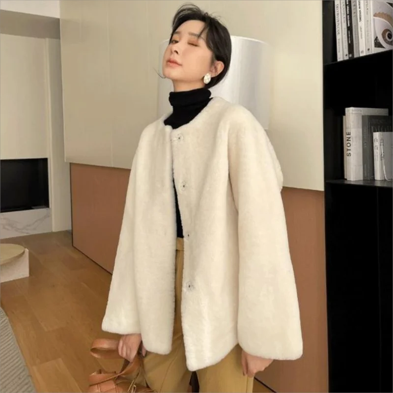 Abrigo de invierno para mujer, chaqueta de piel de visón sintética con cuello redondo, moda coreana