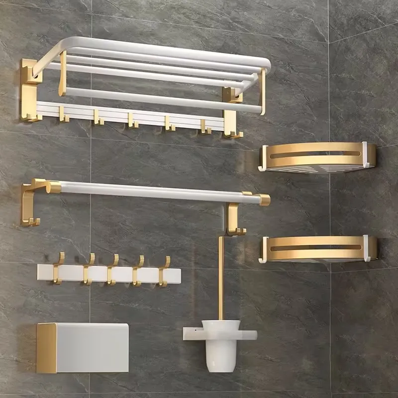 

luxury bath hardware sets Supplier aluminium Hotel white golden bathroom accessories set bathroom sets