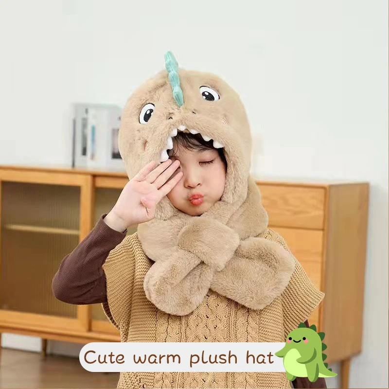 

Winter Baby Plush Scarf Hat Cute Dinosaur Children Warm Headgear Bonnet 1-6Y Kids Ear Protection Pullover Cap One-piece Beanies