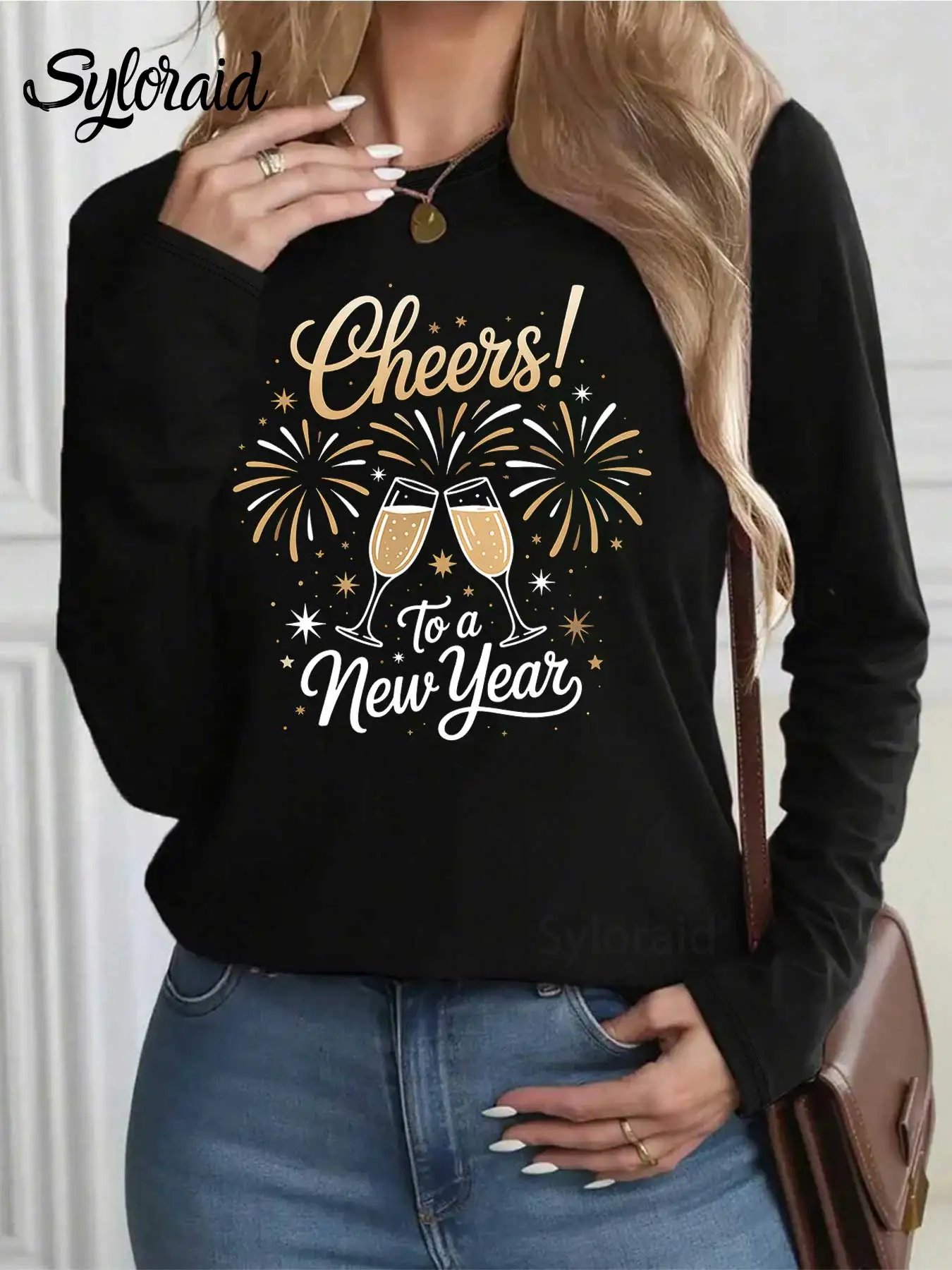 Dames T-shirt met lange mouwen "Cheers To A New Year" Party Print T-shirt Mode Ronde hals Casual top