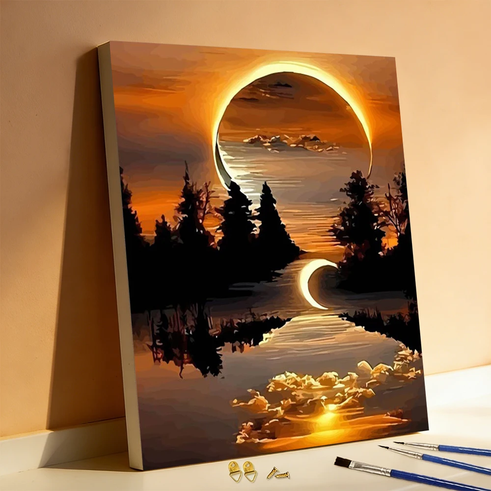 Huacan Digitales Ölgemälde Sonnenuntergang Mond Landschaft DIY Malen nach Zahlen Reflexionslandschaft Baum Wald Handgemaltes Geschenk