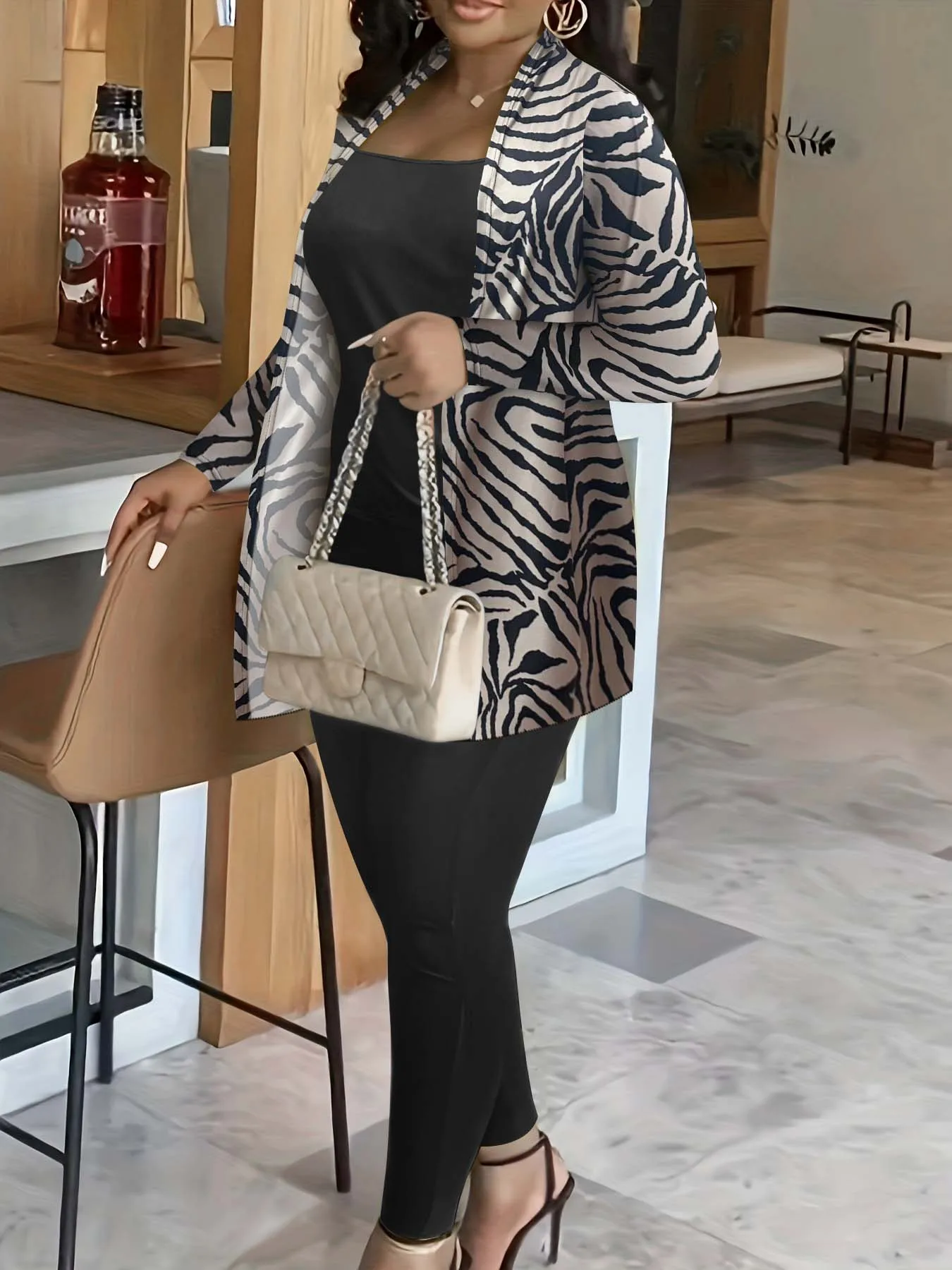 3-piece plus size set for women casual suit with leopard print long-sleeved coat with shawl collar black top and tight pants