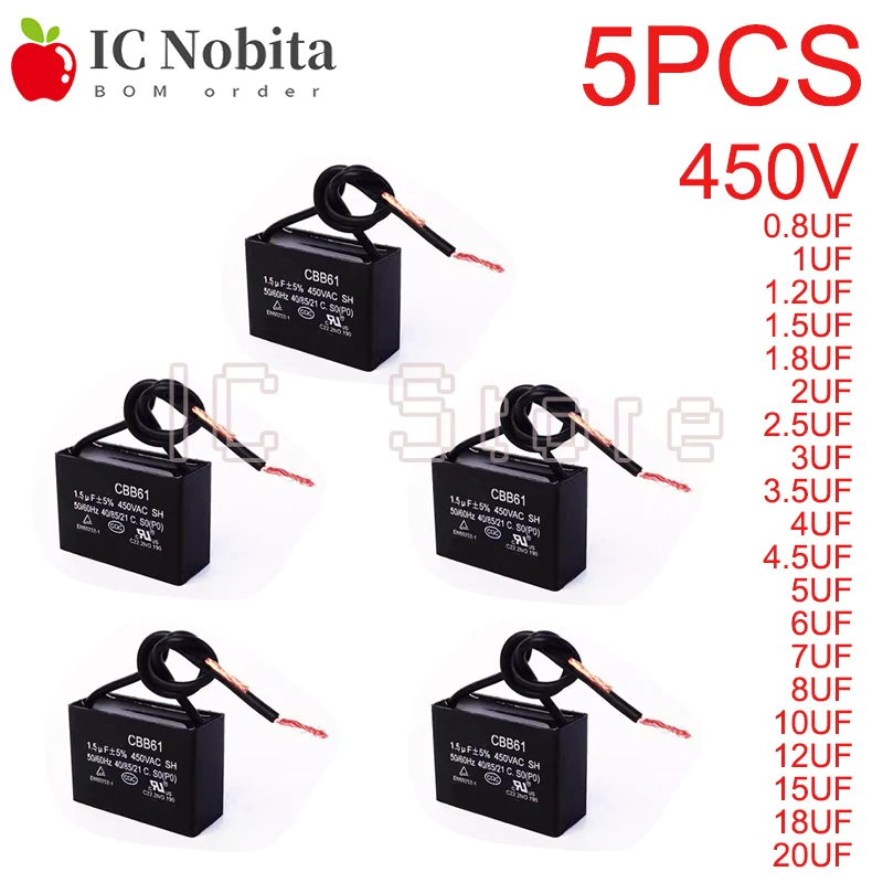 5PCS CBB61 450V Start Capacitor 0.8/1/1.5/1.8/2/2.5/3/4/5/6/7/8/10/12/15/18/20UF Fan Motor Run Rectangle Capacitor