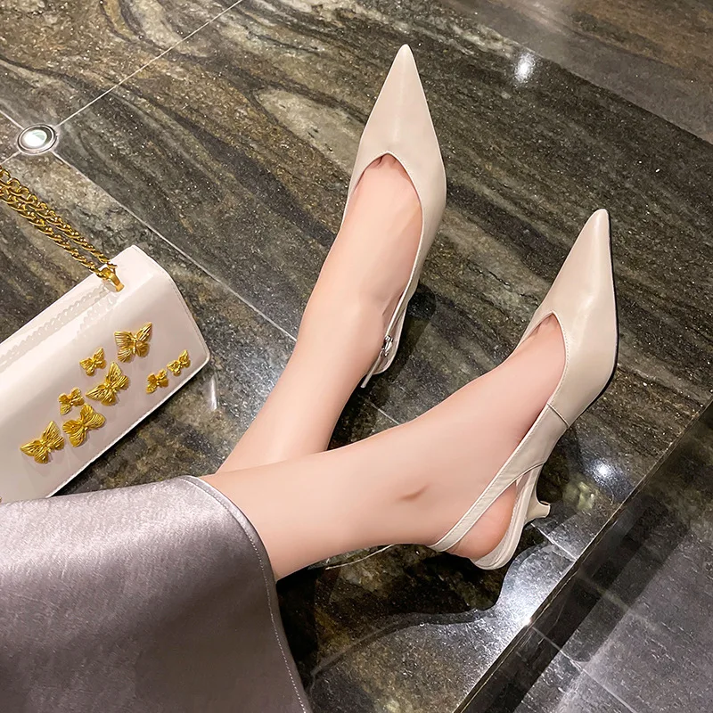 Arden Furtado 2025 Summer Kitten heel cowhide Closed toe Sandals Pointed toe Back Strap Stilettos heel Modern Sandals Large size