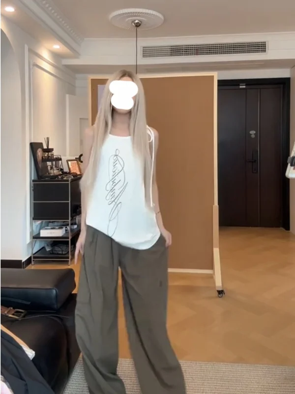 

American Casual Three-Piece Set Women Summer Letter Print Sleeveless Vest Inner Tank Top Workwear Wide Leg Pants Ensemble