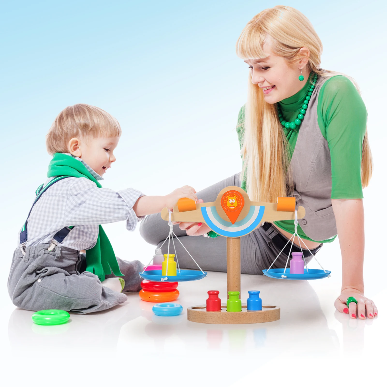 

Toddler Toys Wooden Balance Counting Desktop Physics Scale with Weights Math for Classroom Game Child