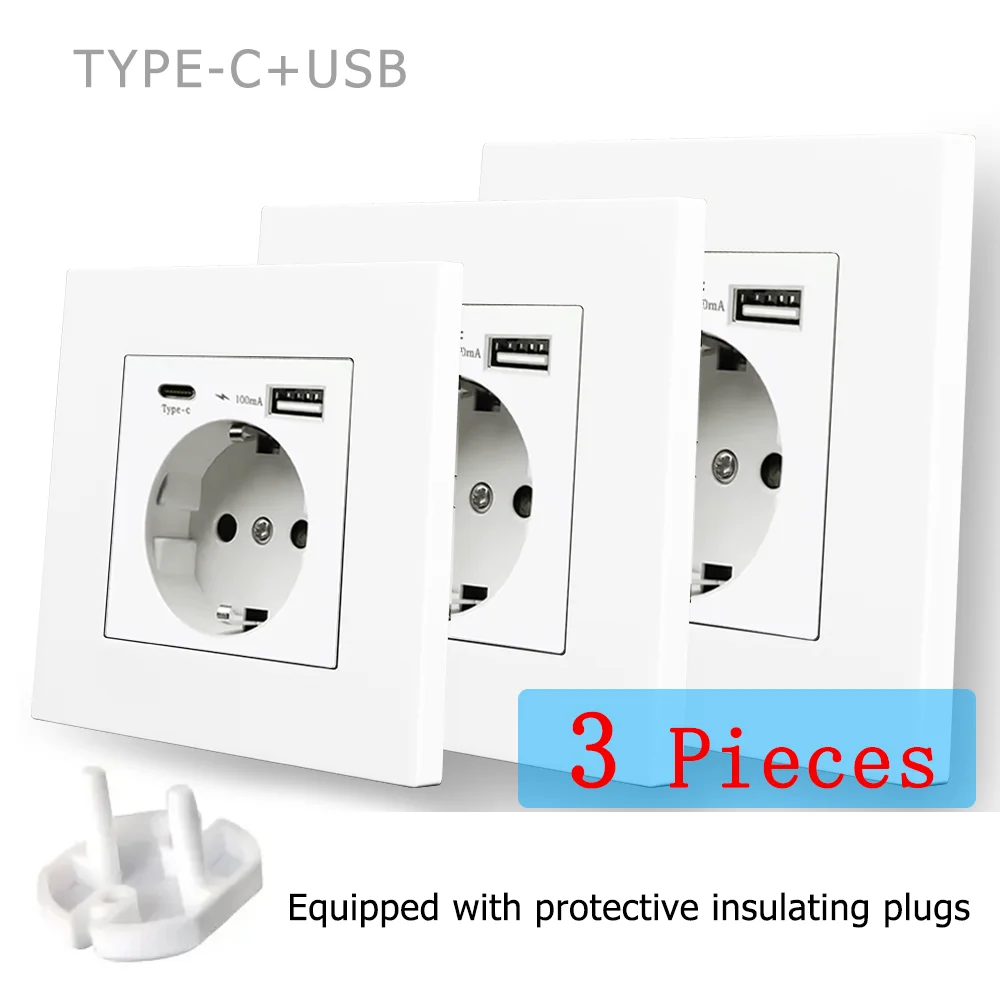 16A EU Standard Wall Socket with Type-C USB Charging Outlet White Flame Retardant PC Panel AC 110-250V Power Electrical Outlet