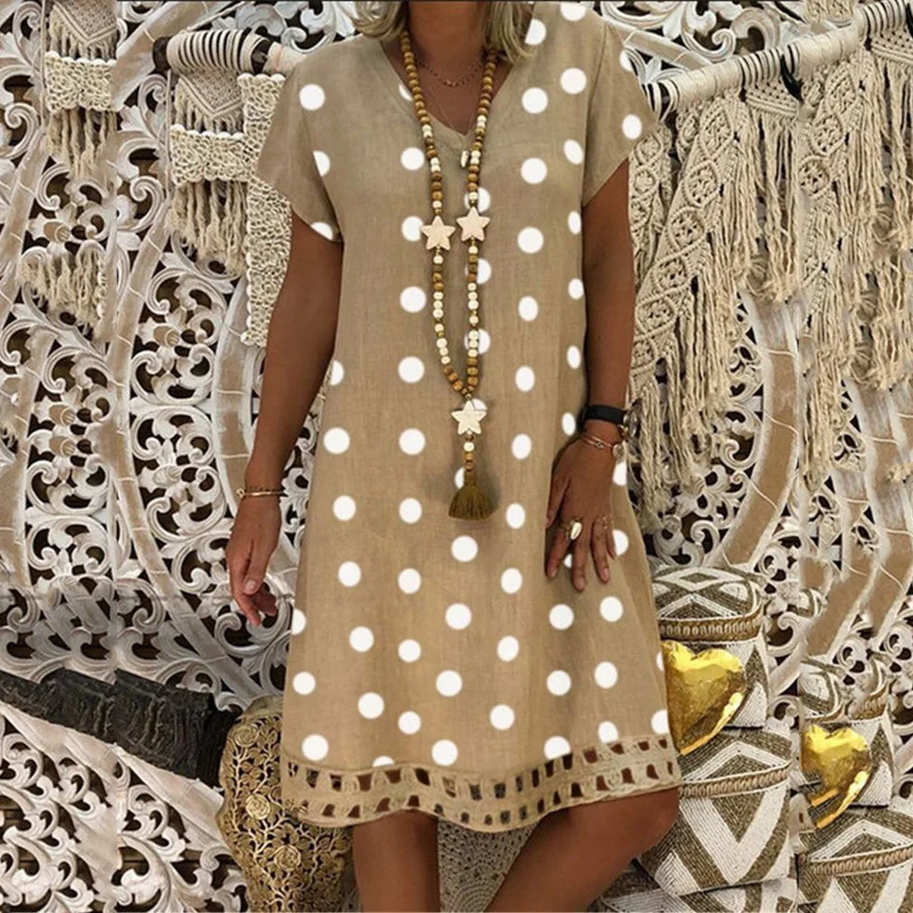 Faionable Polka Dot Print ort Sve V-Ne Midi Dr Dames Lente Zomer Nieuwe collectie Polyestervezel Princ Sle