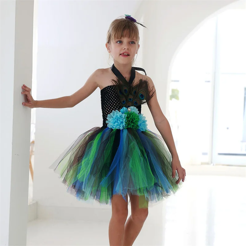 Peacock Design Kids Girls Wedding Tutu Dress Little Princess Birthday Party Lace Dance Halter Ball Gown Dresses