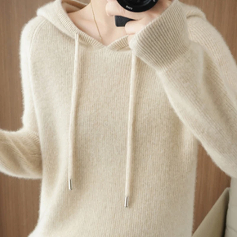 Winter Women\'s Knitted Cashmere Pullover Fashion Wool Sweater Hooded Neck Long Sleeve plane Soft&warm high-quality Basics Tops