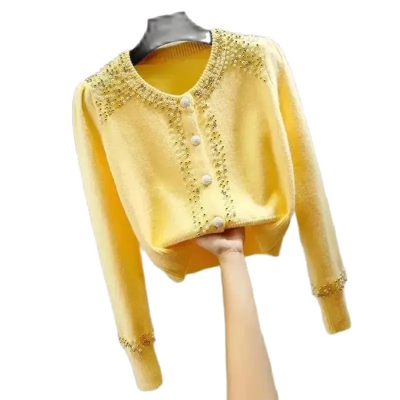 

Beaded Diamond Round Neck Single-Breasted Short Autumn And Winter Women Sweater Cardigan Design Sense Temperament Joker Top