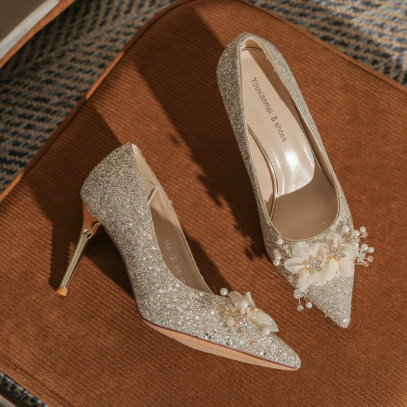 

French main wedding shoes Xiu Heliang wears 2026 new pearl rhinestone flower crystal shoes stiletto shoes
