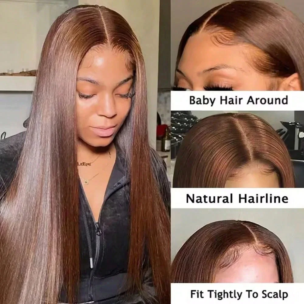 Chocolate Brown Bone Straight Human Hair Wig 36 Inches 13x6 13x4 Transparent HD Lace Frontal Pre Plucked Natural Hairline Wig For Women