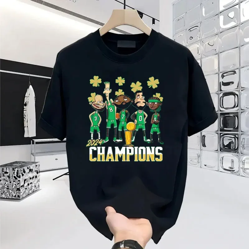 2024 Basketball Boston Champions Printed Cotton T-Shirt Man Fashion Couple Oversized Clothes Personalized Pattern High Quality