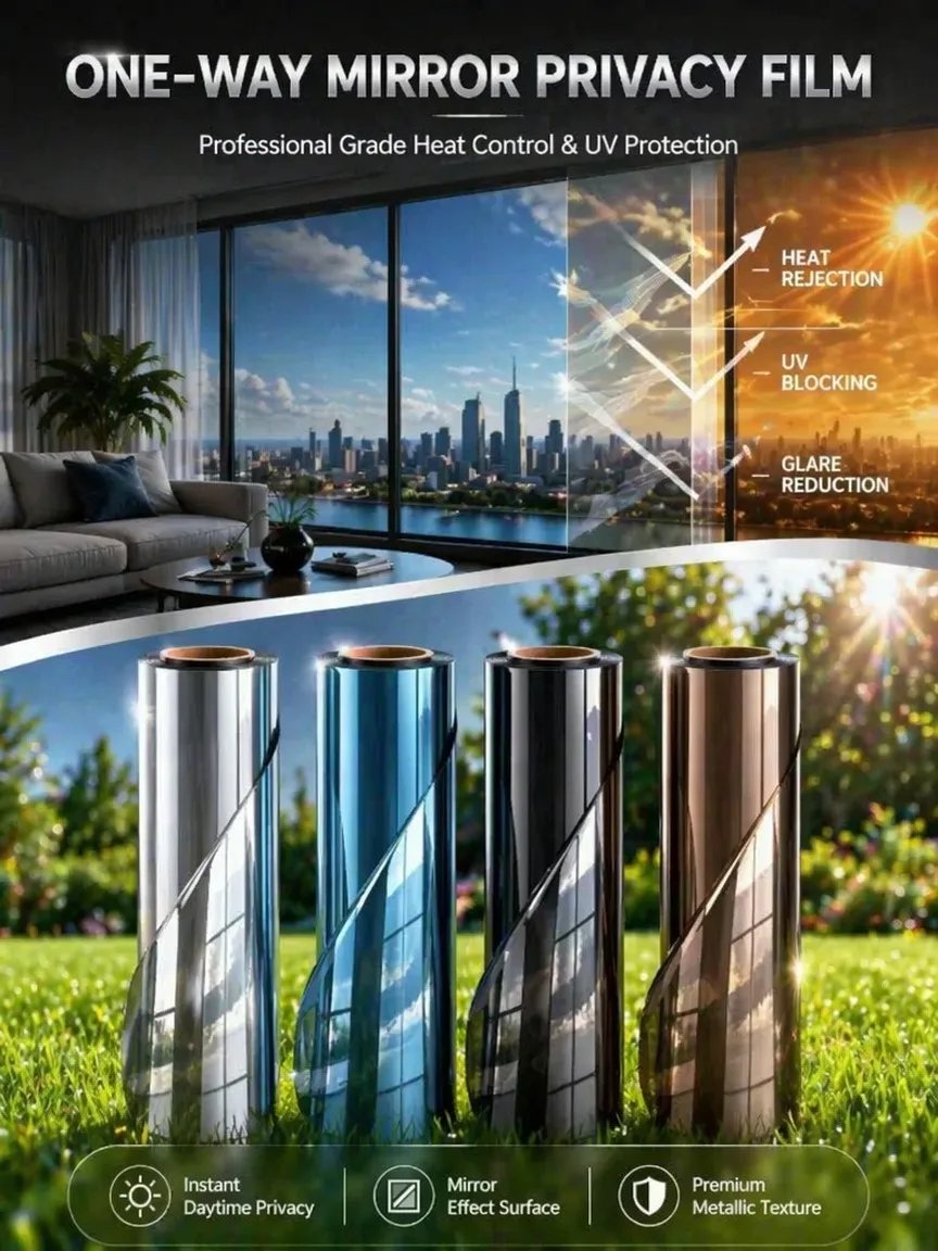 One Way Mirror Privacy Window Film Self Adhesive Heat Control UV Block for Home Office Glass Door