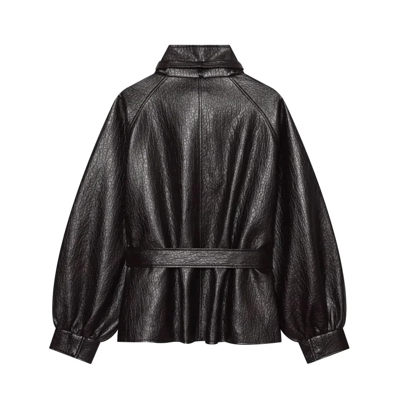 Damen Rollkragen PU-Lederjacke Winter 2026 Neu mit Gürtel Tailliert Locker Sitzend Warme Mäntel Mode Streetstyle Damen Reise-Oberbekleidung – Detail 3