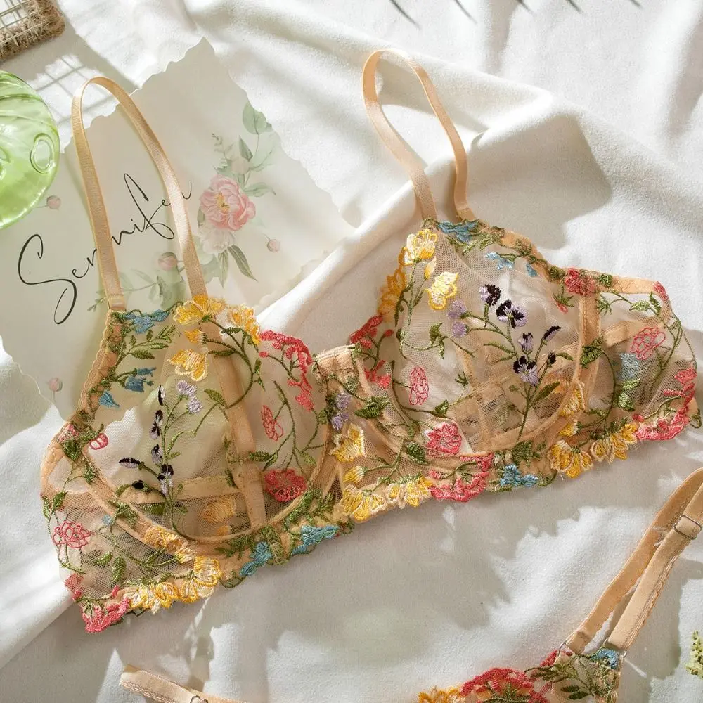 2-Piece Embroidery Lingerie Set Sexy Floral Sheer Wireless Bra Boho Bra Panty Set