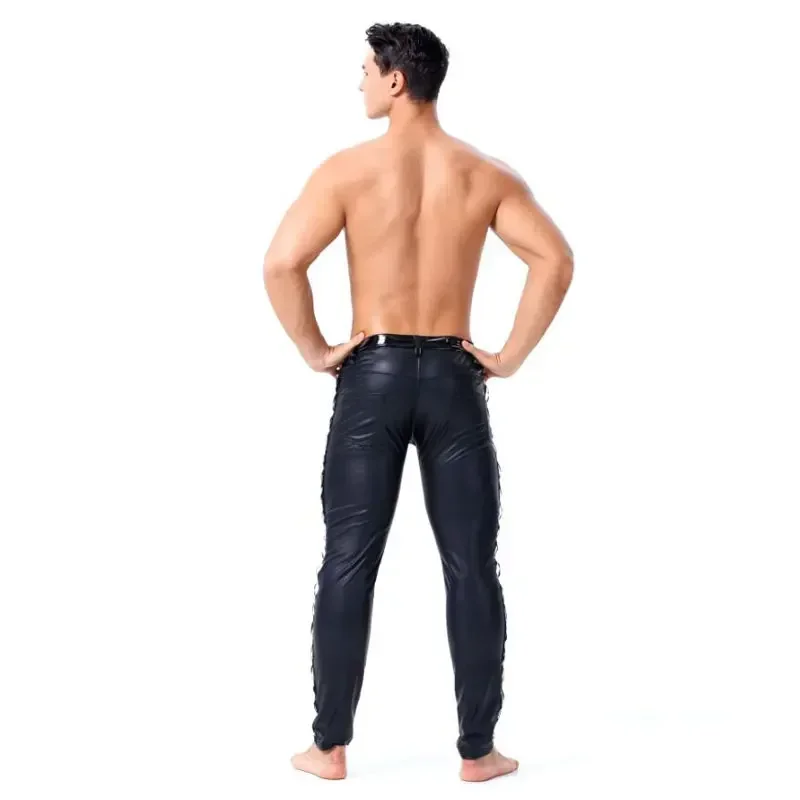 Men Black Skinny Pants Stretch Leggings Sexy Latex Long Trousers Dance Costume PVC Faux Singers Dancer Dance Latex Leggings