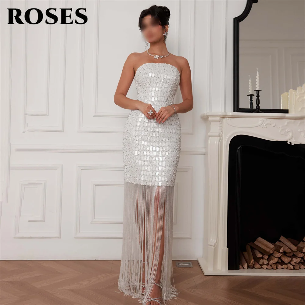 ROSES White Strapless Prom Dress Sparkly Sequin Pearl Beaded Formal Dresses Long Tassel Evening Dresses for Wedding Customized
