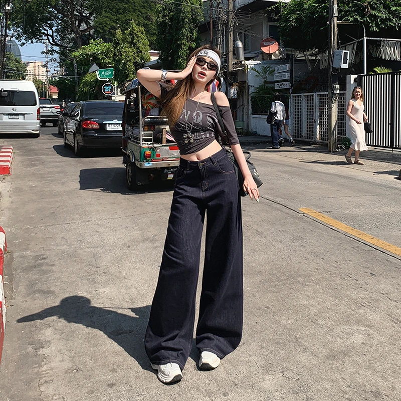 High Quality Spring Summer Women's Jeans Retro Blue High Waist Loose Wide Leg Original Dark Blue Versatile Trousers Female