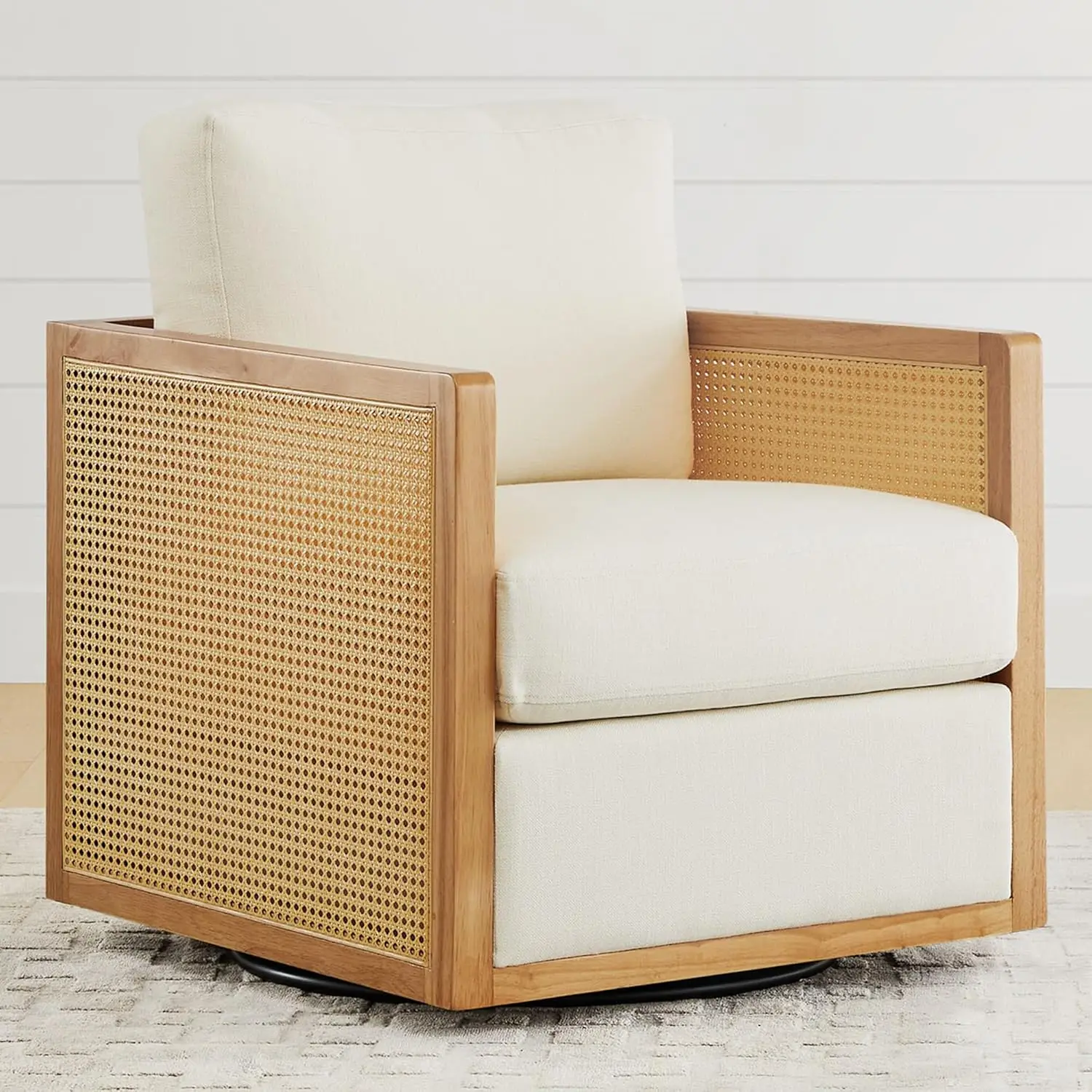 CHITA Swivel Accent Chair, Rattan Arm Chair for Living Room and Bedroom, Cream Fabric with Natural Frame