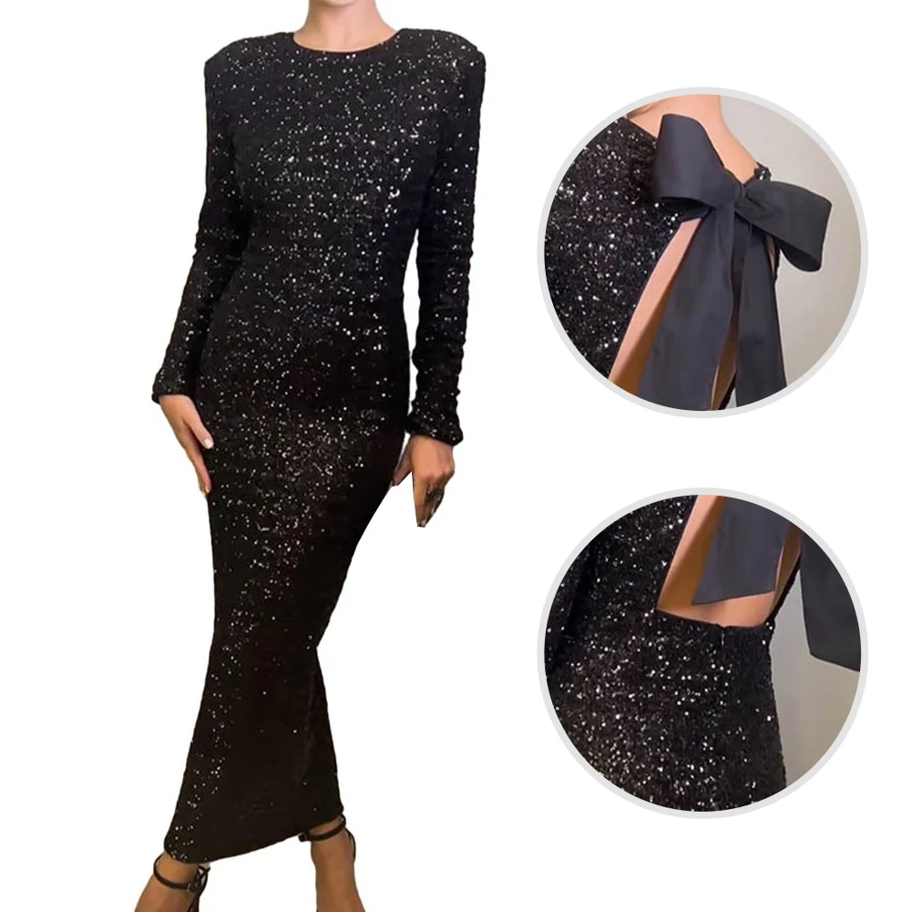 Woman Sequin Backless Dress With Bow Long Sleeve Robe Elegant Female Party Night Prom Gown Mermaid Formal Evening Party Dress