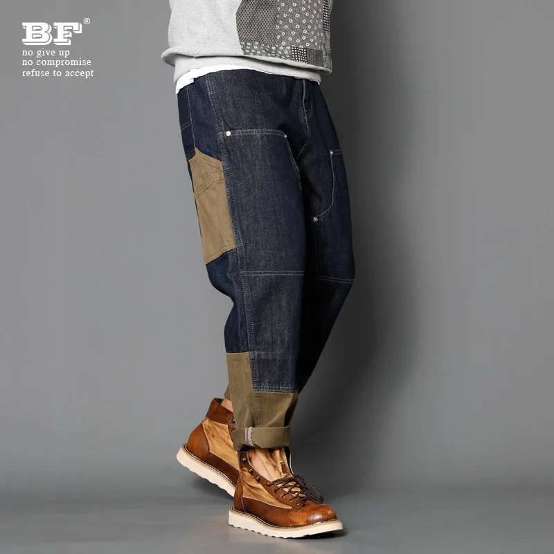 High-End American Style Straight Leg Jeans for Men Loose Fit Trendy Autumn Winter Multi-Pocket Patchwork Casual Jeans
