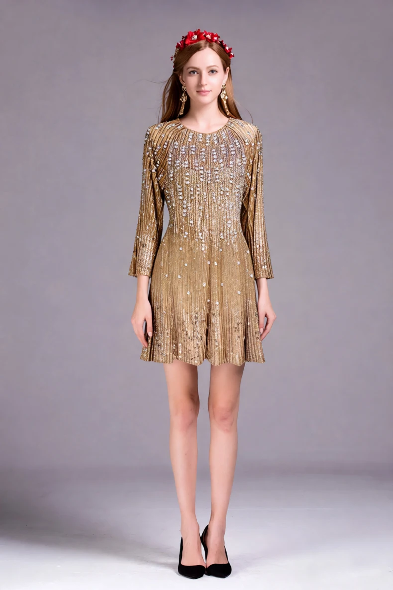Women's Champagne Long Sleeve Sequin Dress with Crystal Beaded Embellishments - Elegant Party, Evening, Holiday Gown
