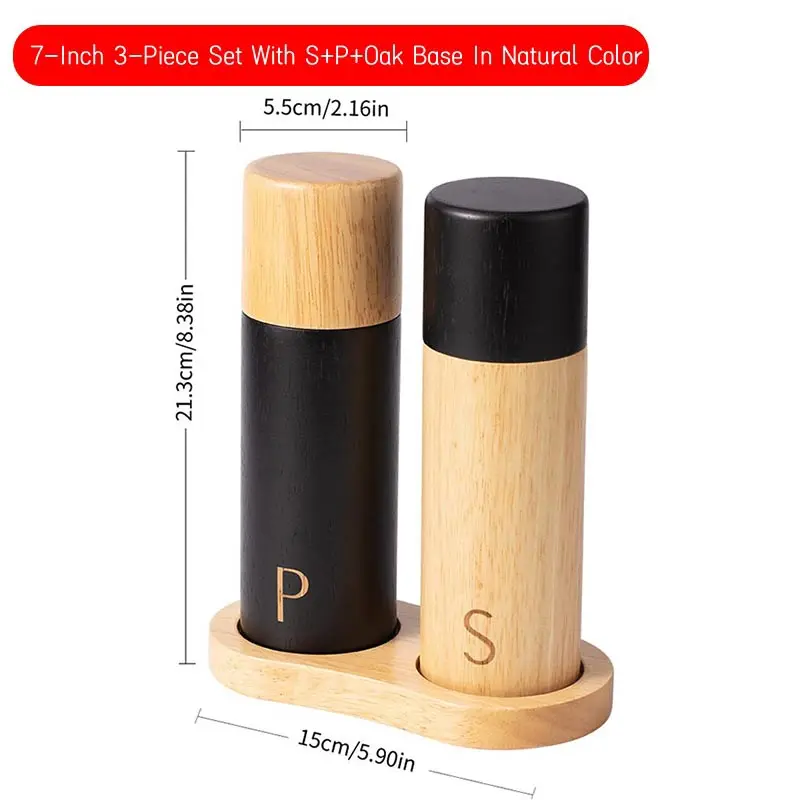 7-inch Wooden Salt and Pepper Grinder Set,Refillable and Matching Spice Mill,Wood Tray,Manual Salt Pepper Shakers Set,S-P label