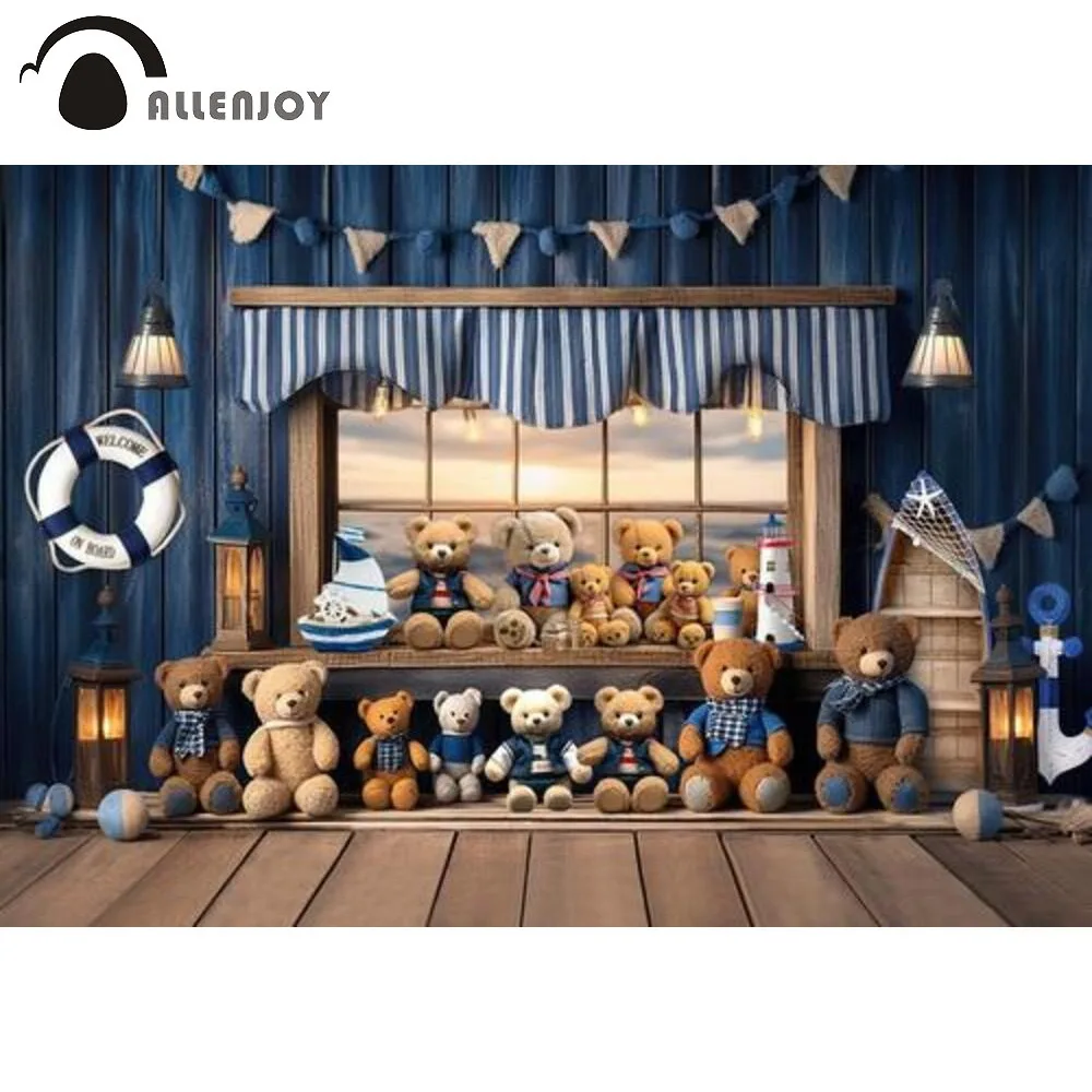 

Allenjoy Bear Toys Room Photography Backdrop Bears in Navy Blue Wooden Background Portrait Photoshoot Studio Props