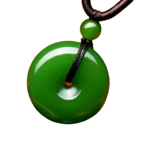 Natural Green Jade Doughnut Pendant Lucky Buckle Jadeite Necklace Charm Jewelry