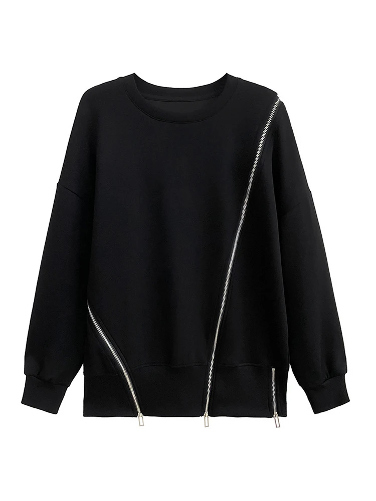 [EAM] Black Zipper Irregular Sweatshirt New Round Neck Long Sleeve Loose Women Big Size Fashion Tide Spring Autumn 2023 1DH4446