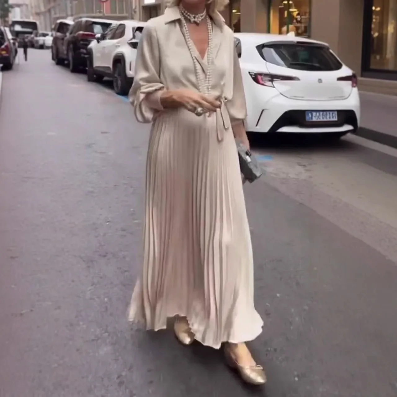 Büro Lace Up Plissee Langes Kleid Frauen Fashion Solid Laterne Hülse Kleider für Frauen 2025, Frühling Casual Maxi Hemd Kleid