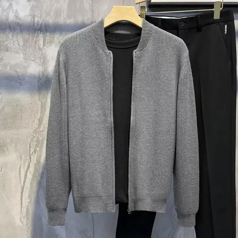 Мужской вязаный кардиган, теплый свитер с двойной молнией в полоску, приталенный свитер, повседневный универсальный трендовый свитер с бейсбольным воротником, пальто