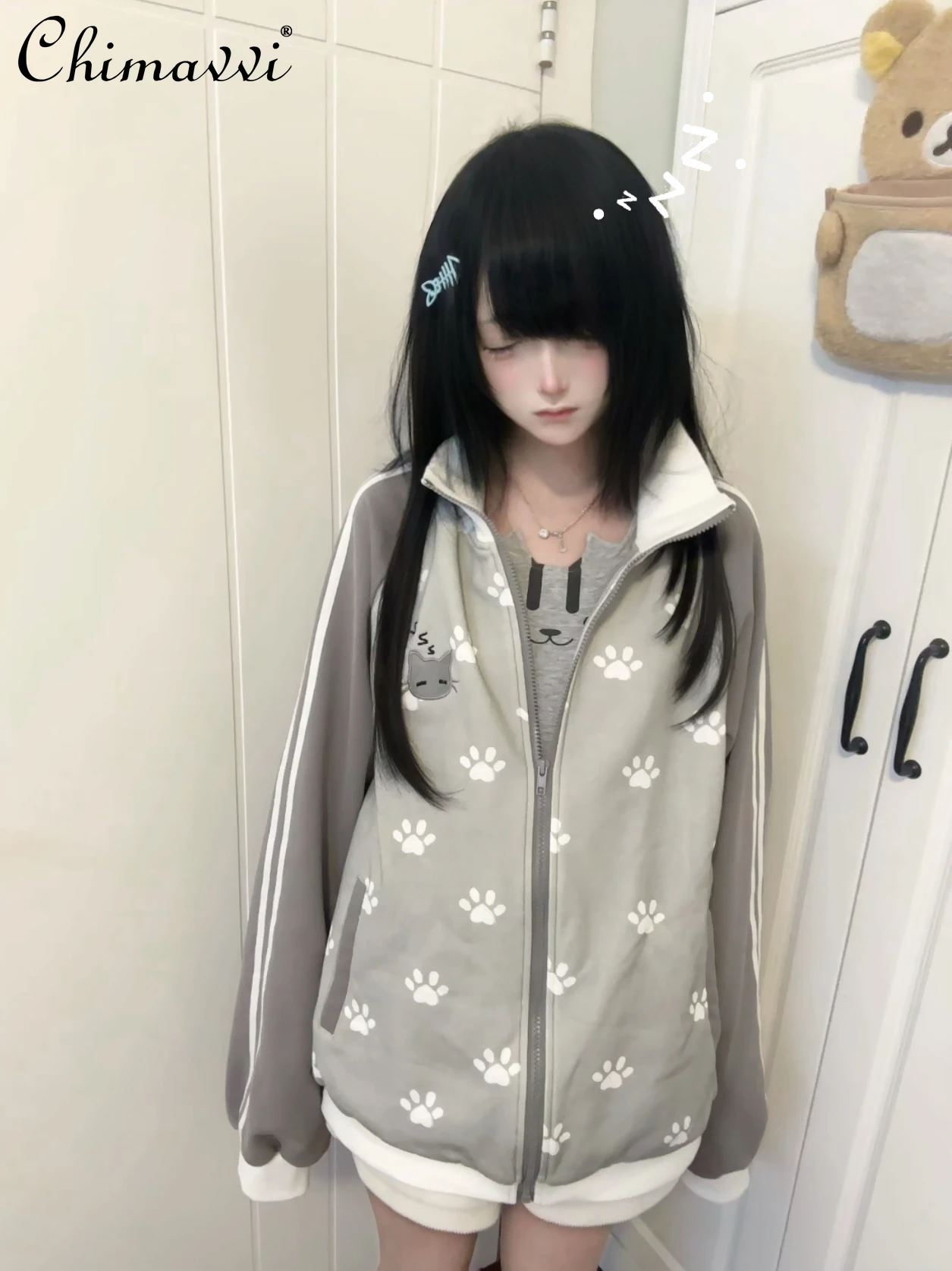 

Original Japanese Style Stand Collar Zipper Sweatshirt Jacket Autumn New Cute Girl Long Sleeve Striped Embroidery Women's Jacket