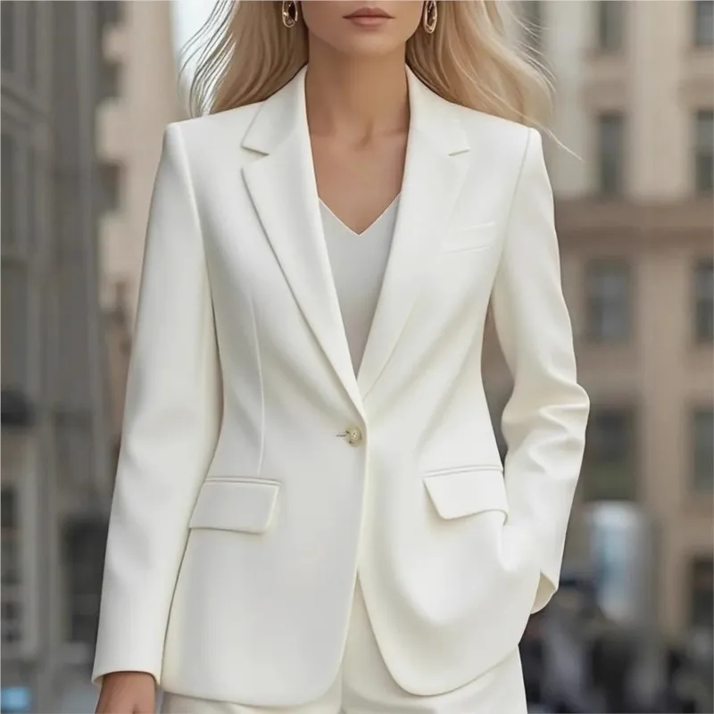 

Female Solid Color Office Jacket Spring Autumn Fashion V-neck One Button Cardigan Coat Ladies Temperament Commuting Clothing