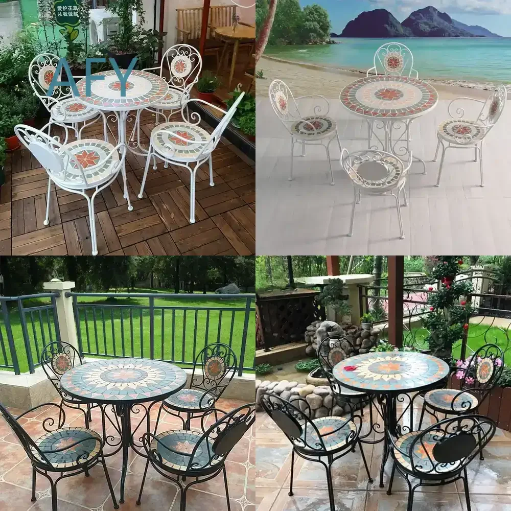 Postmodern European Style Outdoor Table and Chair Set for Home Balcony Courtyard Patio Garden Iron Mosaic Furniture Retro