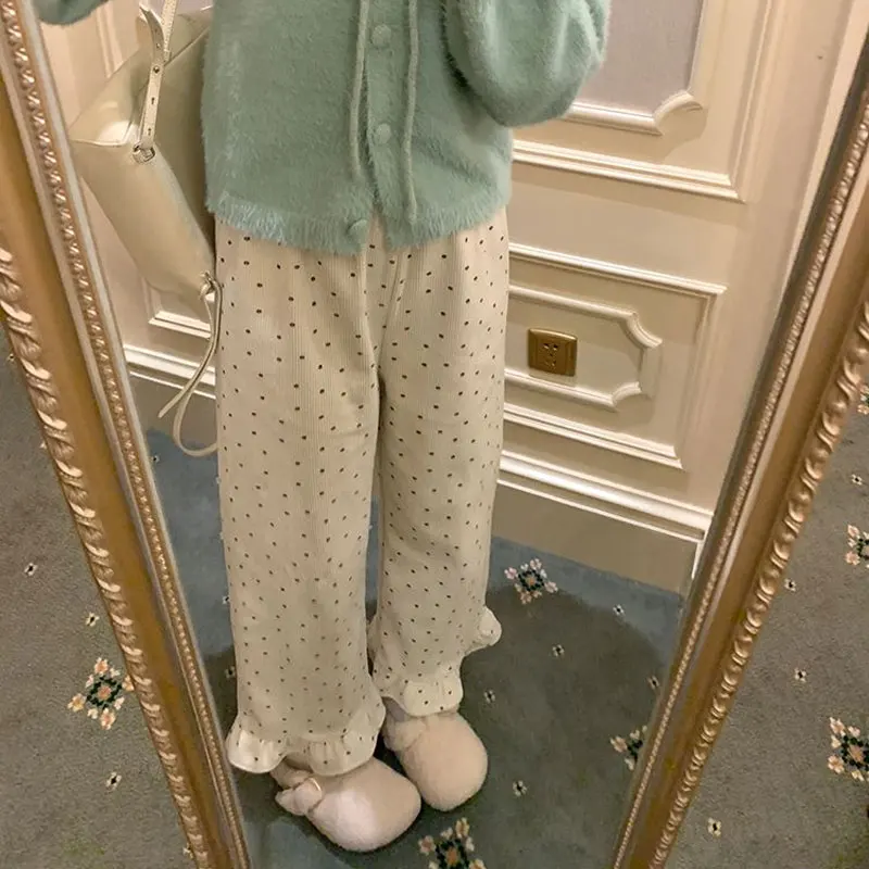 コーデュロイ ブロークン フラワー ワイドレッグ カジュアルパンツ 秋冬 スタイリッシュ フリル スプライス レディース服 ルーズ スイート ベーシック パンツ