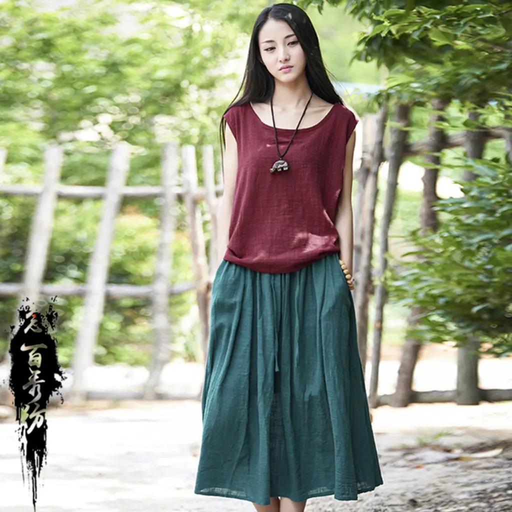 

Nian Baixiu Women's Cotton Linen Vest Skirt Set Literary Fresh Casual Chinese Style Spring Summer Fashion