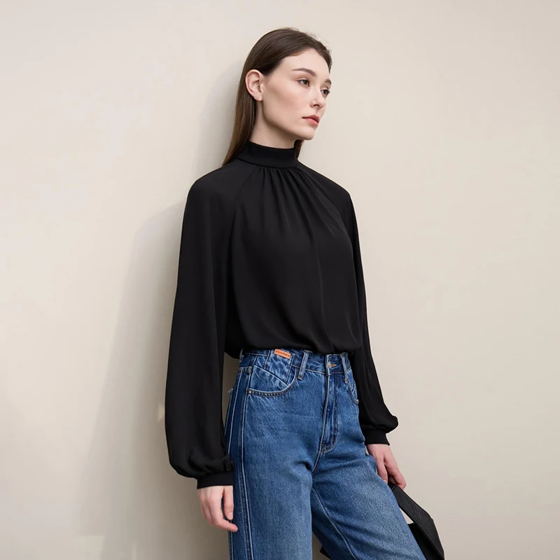 Amii Damen-Bluse, 2026, frühjahrsneu, elegant, für Pendler, halber Rollkragen, Chiffon-Hemd, Damen-Raglanärmel, solides, lockeres Oberteil 12641072