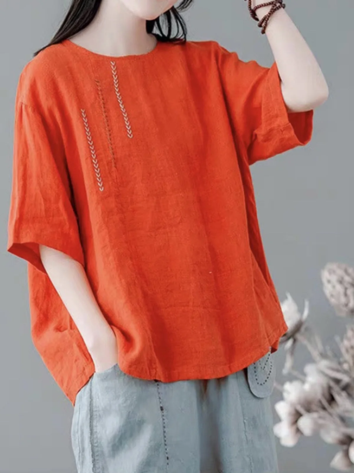 Algodão linho ort sve camiseta feminina casual solto overhead bordado topo vintage sle redondo ne fino verão irt