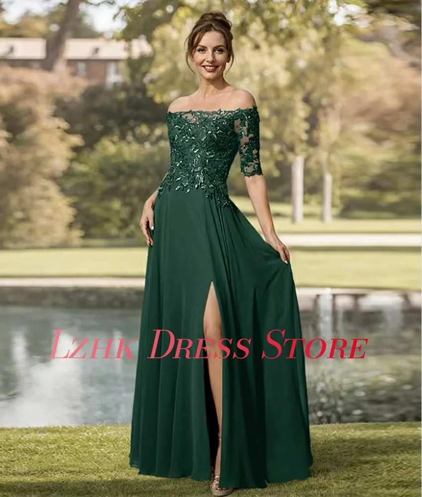 Customized Sexy Chiffon A-Line Off the Shoulder Lace Evening Dress High Quality Half Sleeves Boat Neck Floor Length prom dresses