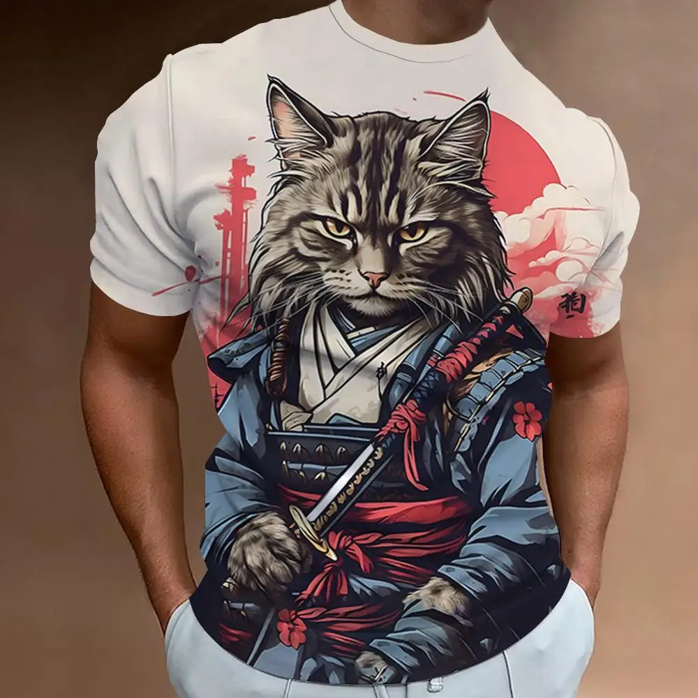 New Retro Men\'s T-Shirt 3d Samurai Cat Print Short Sleeve T-Shirt For Men Fashion Oversized Man Clothes Quick Dry Tees Tops 2024