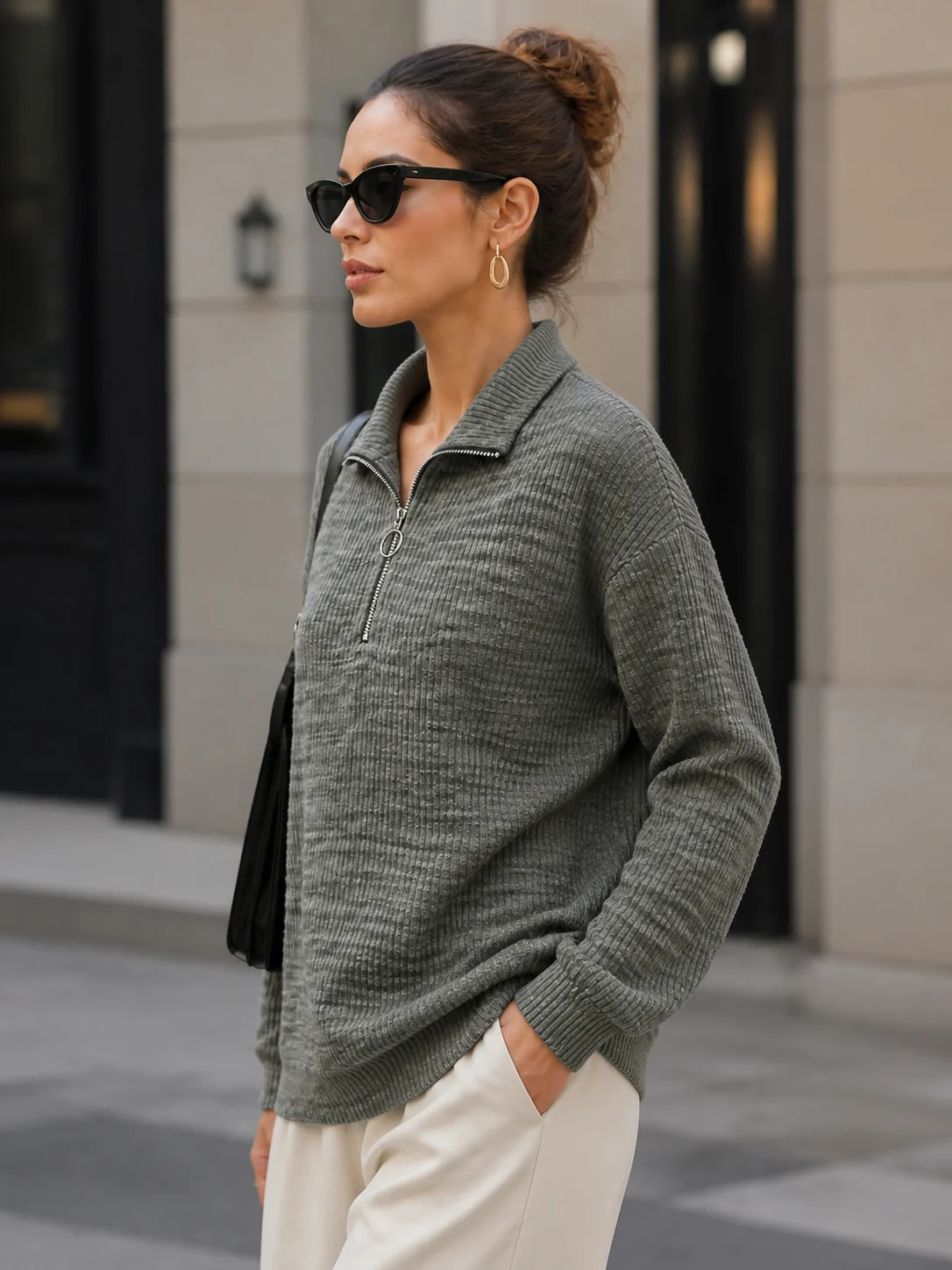Women’s Long Sleeve Collared Top, Half Zip Everyday Pullover for Street Style and Going Out, Comfortable Loose Cut with Clean Lo